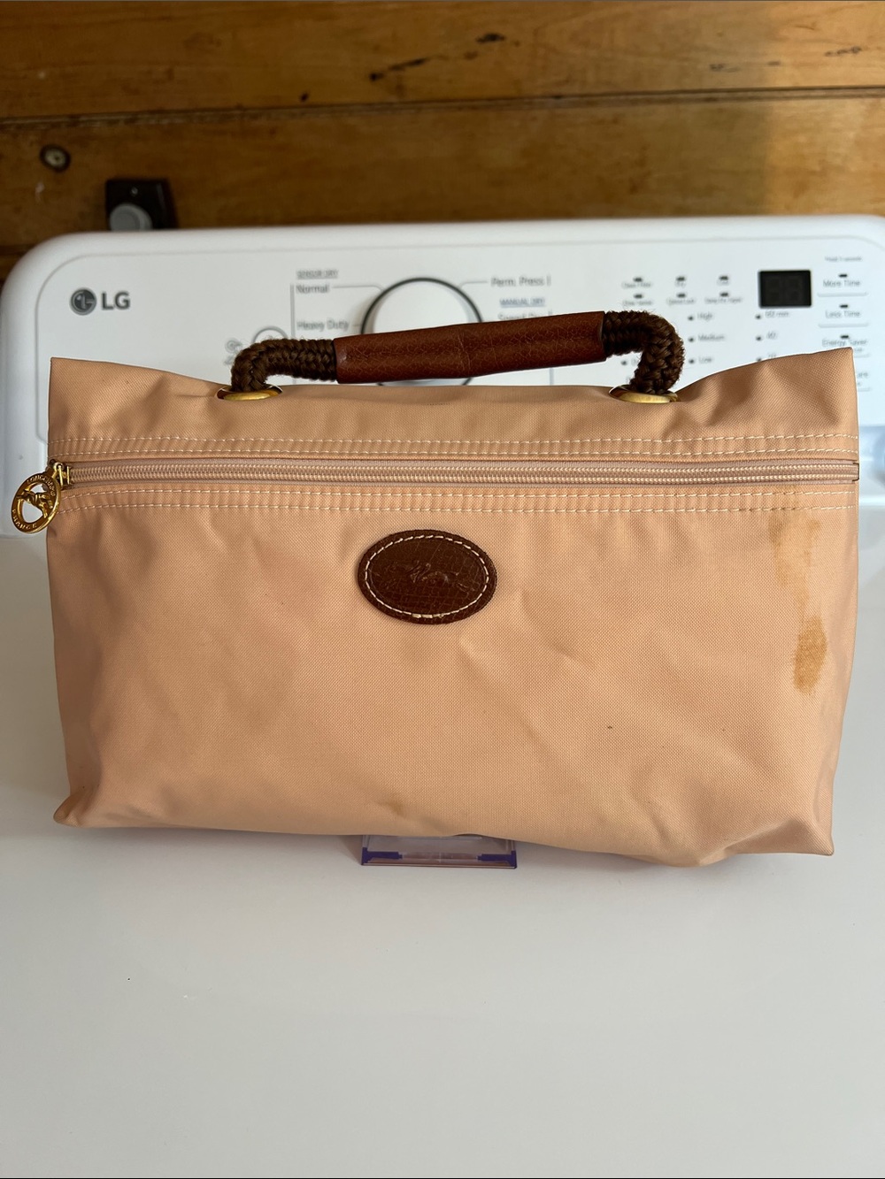 Longchamp Tan Nylon Cosmetic Pouch with Brown Leather Trim